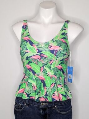 NWT Ruffle Butts Green Pink Flamingo Frenzy Peplum Tankini Bikini Top XS